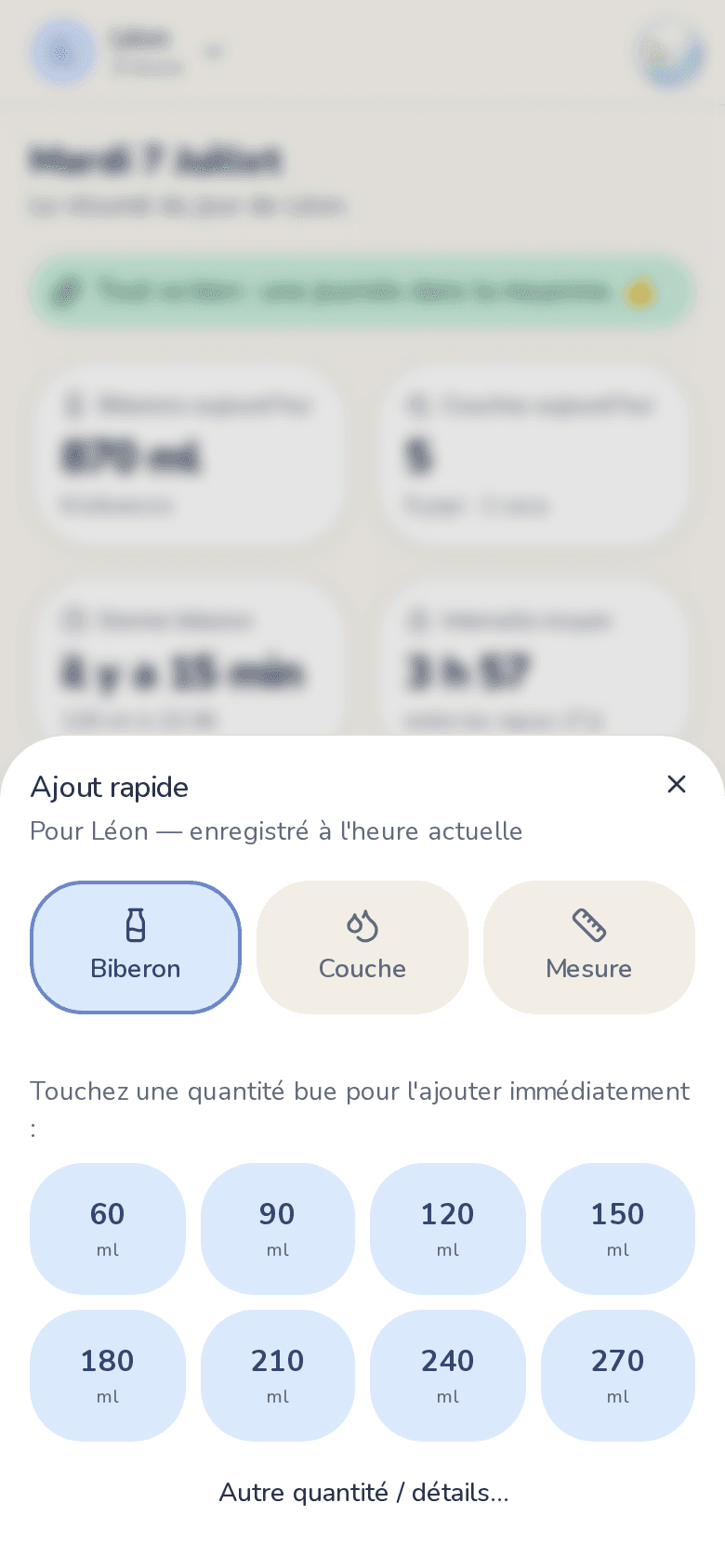 L'ajout rapide de Carnet Bébé : biberon, couche ou mesure en quelques tapes